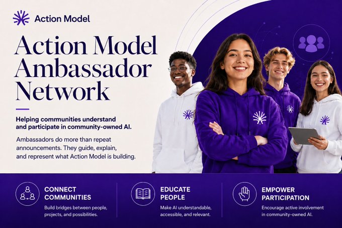 A promotional graphic for the 'Action Model Ambassador Network' featuring four smiling young people in purple and white hoodies, with sections detailing their roles: 'Connect Communities,' 'Educate People,' and 'Empower Participation.'