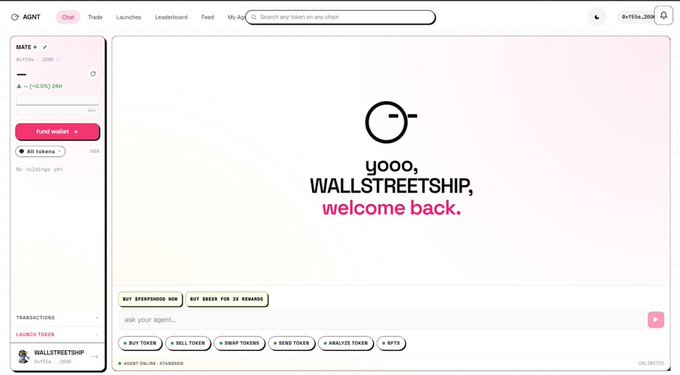 A screenshot of the AGNT chat interface welcoming user 'WALLSTREETSHIP' with the message 'yooo, WALLSTREETSHIP, welcome back.' displayed prominently in the chat window.