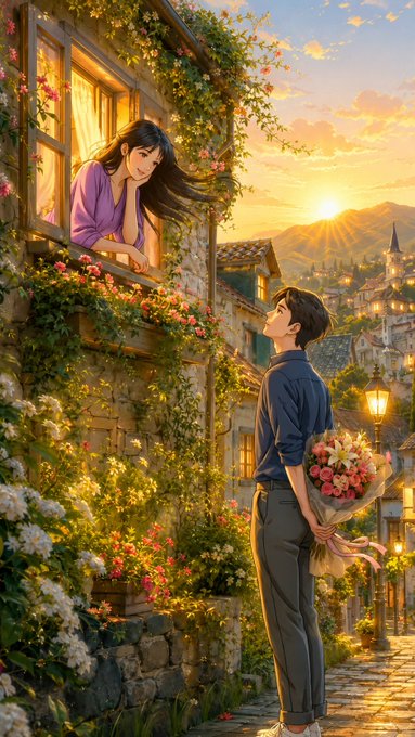 An anime-style illustration of a man holding flowers looking up at a woman leaning out of a flower-covered window at sunset in a picturesque village.