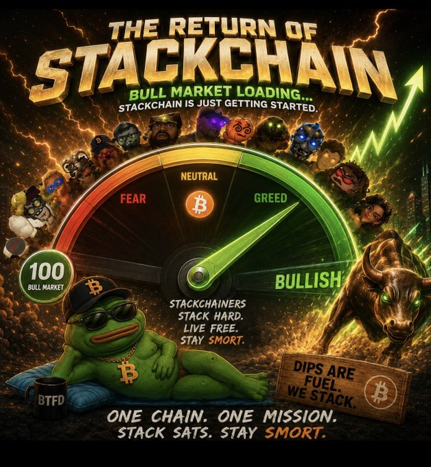 A promotional crypto graphic titled 'THE RETURN OF STACKCHAIN' featuring a fear/greed gauge pointing to 'BULLISH', a Pepe-like frog with a Bitcoin chain, 'DIPS ARE FUEL WE STACK', and slogans 'STACK HARD. LIVE FREE. STAY SMORT' and 'STACK SATS. STAY SMORT.' with a '100 BULL MARKET' badge.