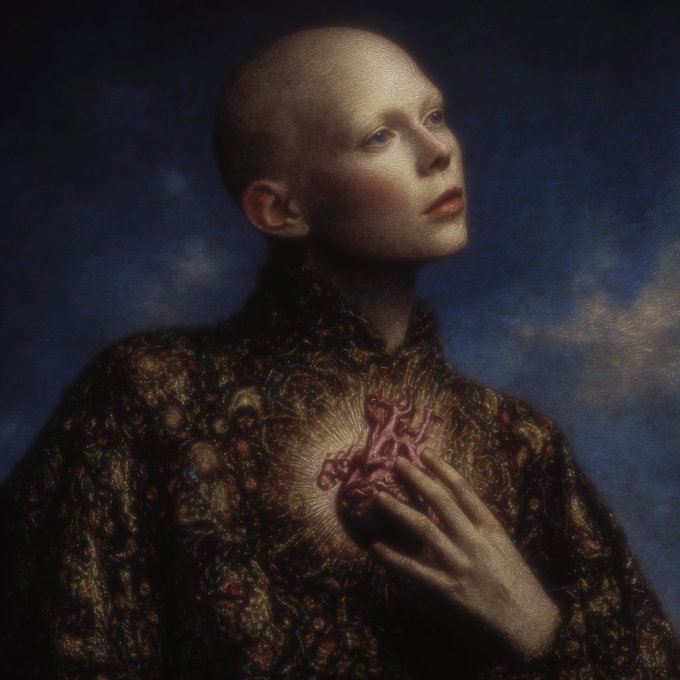 A portrait painting shows a pale, bald figure holding an anatomical heart that glows with light against their ornately patterned clothing.