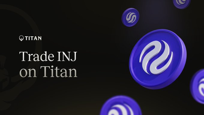 A Titan exchange promotional banner announcing "Trade INJ on Titan," featuring the Titan logo alongside 3D-rendered purple Injective (INJ) token coins against a dark background. The image visually promotes the listing of $INJ on the Titan platform, as mentioned in the accompanying post.
