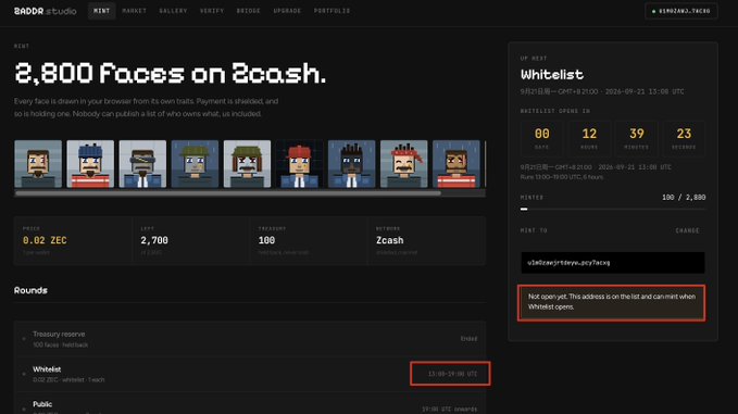 A screenshot of the SADDOR STUDIO mint page showing a 2,800 face collection on Zcash, with a highlighted message stating the address is not on the whitelist queue and a whitelisting window closed at 13:00 UTC.