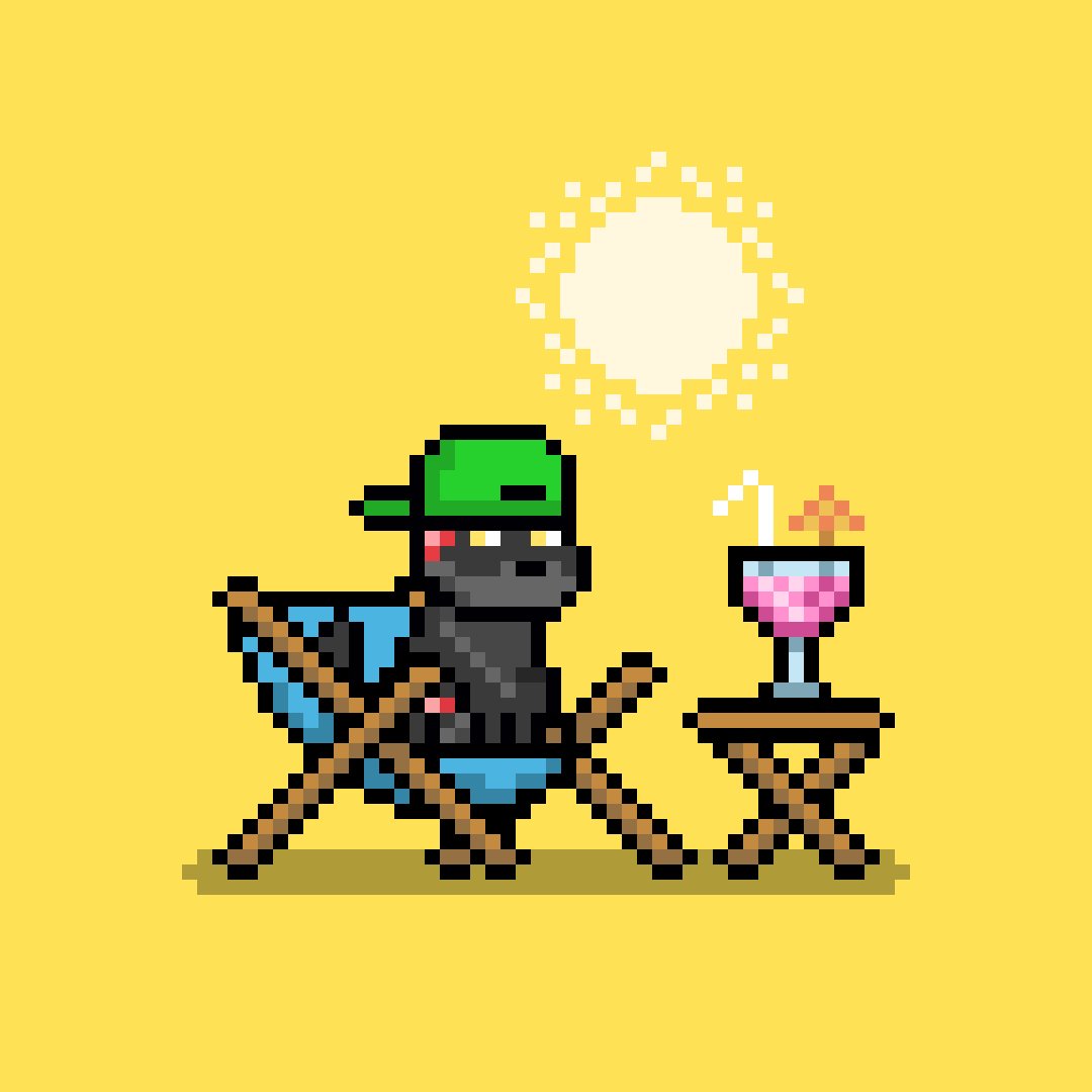 A pixel-art dog wearing a green cap sits in a beach chair beside a cocktail table with a drink under a bright sun, perfectly matching the "Thirsty Thursday" theme of relaxing while waiting for breaking news. The image humorously illustrates the post's idea of the dog being "thirsty" for the next announcement while the community enjoys their drinks.