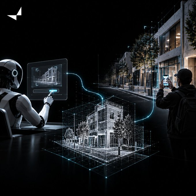 A futuristic night scene shows a robot, a person filming with a phone, and glowing digital wireframes of buildings connected by blue lines.