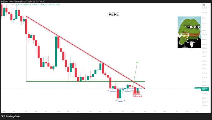 A TradingView chart of $PEPE/USD displays a descending trendline pattern on the daily timeframe, with annotations highlighting a "Fake-out" breakout below support followed by a projected bullish move upward, accompanied by the Pepe the Frog meme image and the caption "Watch how they will send the frog," suggesting a potential reversal and price surge.