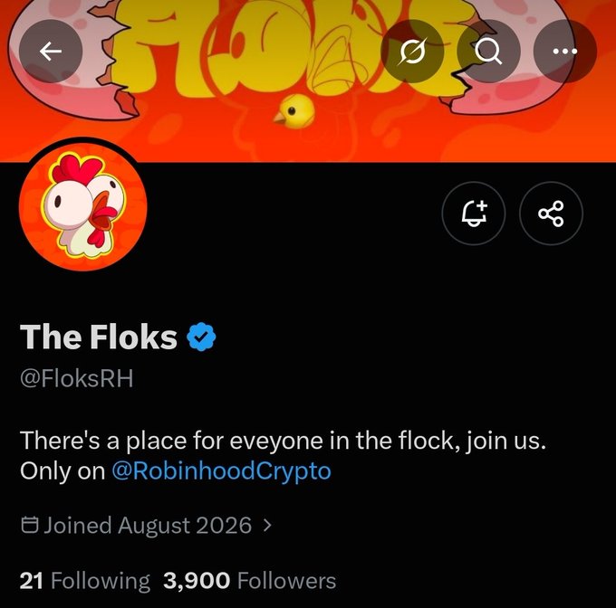 Screenshot of a Twitter/X profile page for "The Floks" (@FloksRH), a verified account featuring cartoon chicken mascots with 3,900 followers and the tagline "There's a place for everyone in the flock, join us. Only on @RobinhoodCrypto." The profile aligns with the post's promotion of an early alpha crypto project tied to Robinhood, highlighting the token's limited 4.9K total supply and encouraging users to follow and enable notifications before launch.