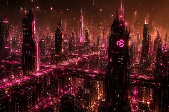 The image features a cityscape at night, illuminated by pink lights that create an otherworldly atmosphere. The buildings are tall and densely packed together, with some having unique architectural designs such as a clock tower. The sky above the city is dark, providing a stark contrast to the vibrant colors of the buildings below. The photo appears to be taken from a high vantage point, offering a bird's eye view of the city at night.