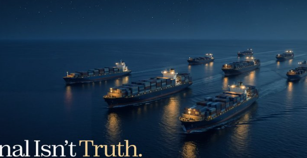 A fleet of cargo ships sails across a dark ocean under a starry night sky, with partial text reading "nal Isn't Truth" visible at the bottom. The image visually reinforces the post's metaphor by depicting multiple ships (jobs/vessels) navigating the same waters (deposit), echoing Ethra Ship Notes' description of a "Harbor model" where one deposit funds two parallel operations.