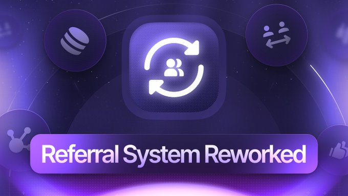 A purple-themed graphic announces a 'Referral System Reworked' featuring a central icon of a person encircled by rotating arrows, surrounded by related app icons.