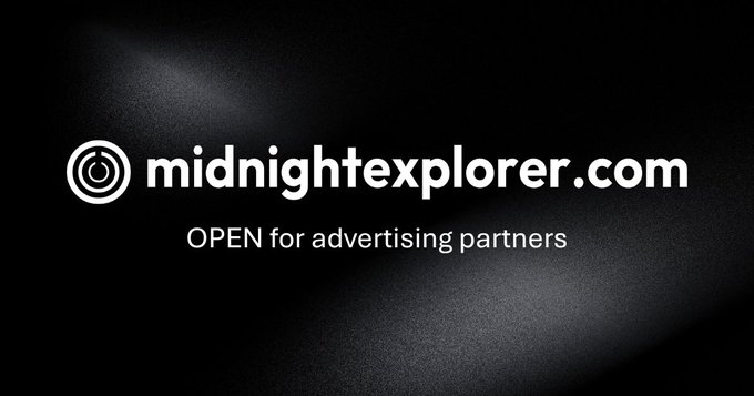 A promotional banner with a black gradient background displays the white "midnightexplorer.com" logo alongside a target icon, with the text "OPEN for advertising partners" beneath it, directly supporting the announcement that the Midnight Explorer platform is now accepting advertising partnerships to reach active onchain users.
