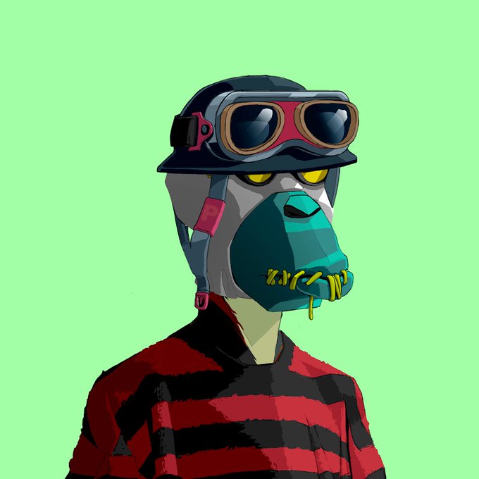 Digital illustration of a stylized character wearing a dark cap with ski goggles, a teal face mask with a barbed-wire design over the mouth, and a red and black striped shirt, set against a light green background.
