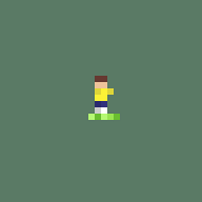 A simple 2D video game character with brown hair, a yellow shirt, and green shoes stands in a running pose against a solid green background.