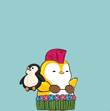 The image features two penguins, one wearing a hula skirt and the other holding a flower, dancing together against a blue background with pink flowers. The caption reads "You can buy a LilPudgy but you just can’t have these". This suggests that the image is promoting a product or service related to the dancing penguin characters in the picture.