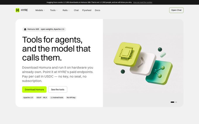 A website homepage for 'HYRE' featuring the headline 'Tools for agents, and the model that calls them.' with a 'Download Homura' button and text mentioning 'Homura-30B · open weights, Apache-2.0'.