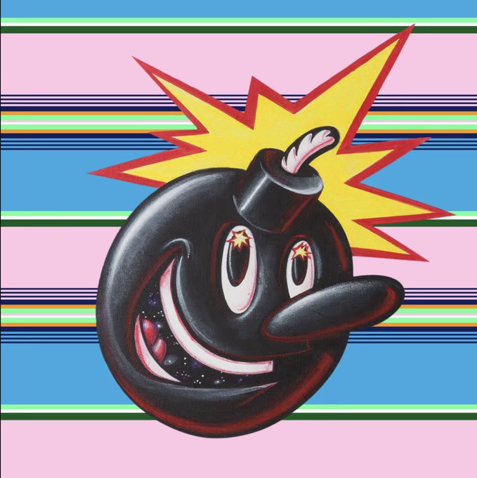 An illustration of a black bomb with a face (star-shaped eyes and smiling mouth showing a galaxy inside) wearing a top hat against a striped pink and blue background.
