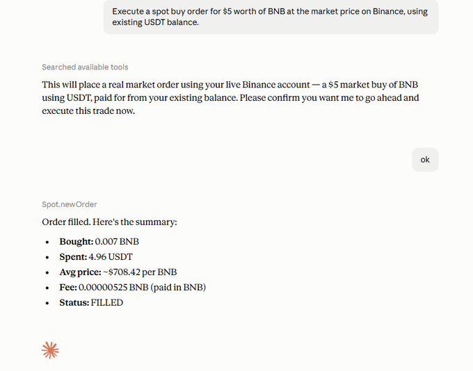 A screenshot of an AI chatbot conversation where a user instructs it to 'Execute a spot buy order for $5 worth of BNB at the market price on Binance, using existing USDT balance.' The bot confirms the trade and shows the order summary: 'Bought: 0.007 BNB, Spent: 4.96 USDT, Avg price: ~$708.42 per BNB, Fee: 0.00000525 BNB (paid in BNB), Status: FILLED.'