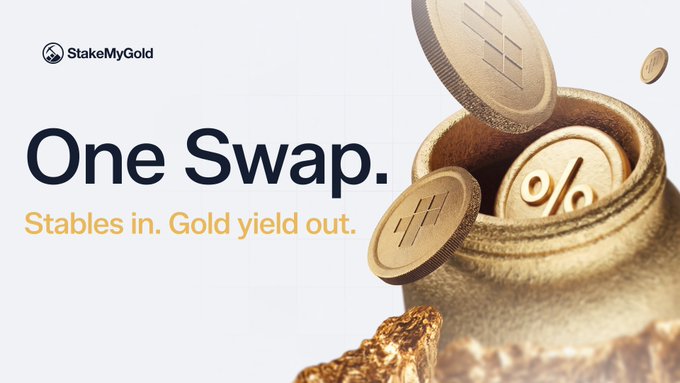 Advertisement for 'StakeMyGold' featuring the text 'One Swap. Stables in. Gold yield out.' alongside an image of gold coins and a pot of gold.