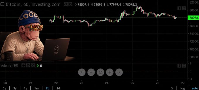 A Bitcoin trading chart on Investing.com showing the price hovering around $78,078, with a meme image of the 'Cool Cat' NFT character wearing pixelated sunglasses and working on a laptop superimposed on the left.