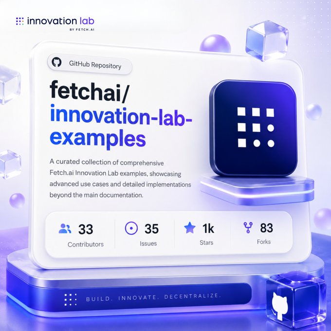 Promotional graphic for the fetchai/innovation-lab-examples GitHub repository, featuring 33 contributors, 35 issues, 1k stars, and 83 forks, with the tagline 'BUILD. INNOVATE. DECENTRALIZE.'