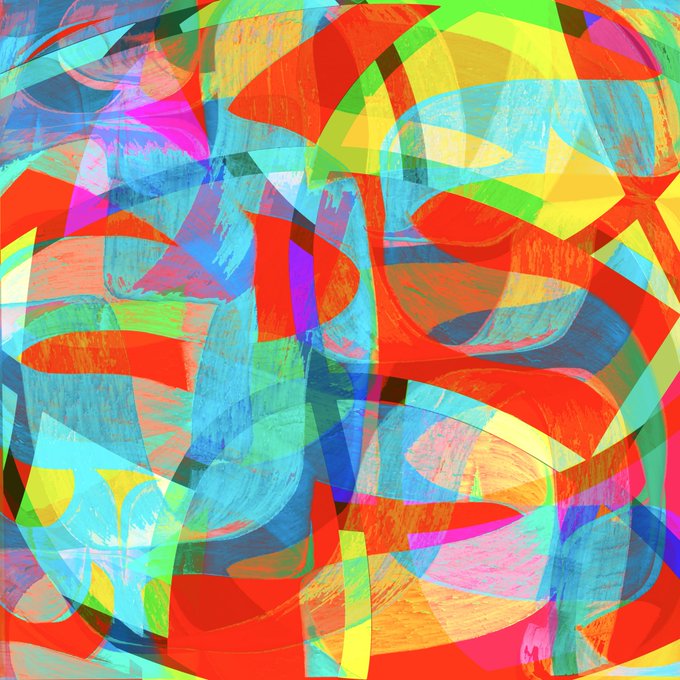 An abstract digital artwork featuring overlapping, colorful brushstrokes and shapes in vibrant red, orange, yellow, green, blue, and pink hues.