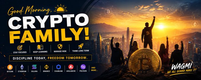 A 'Good Morning, CRYPTO FAMILY!' graphic shows silhouetted figures overlooking a city at sunset with a large Bitcoin coin, featuring slogans like 'DISCIPLINE TODAY, FREEDOM TOMORROW' and 'WAGMI', alongside logos for Bitcoin, Ethereum, Solana, Binance, Chainlink, Avalanche, and Polkadot.