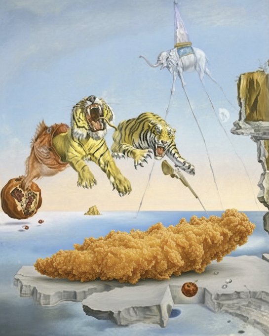 A surrealist painting featuring flying tigers, an elephant balancing on stilts, and a large breaded chicken tender floating above a surreal landscape of cliffs and water.