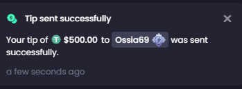 A notification confirmation showing "Tip sent successfully" with the message "Your tip of $500.00 to Ossia69 was sent successfully," posted a few seconds ago. The image serves as proof of a $500 Solana (SOL) giveaway tip, supporting the accompanying post's claim of tipping 50 people $10 SOL each after following @BetBoltBank and @babix_betbolt.