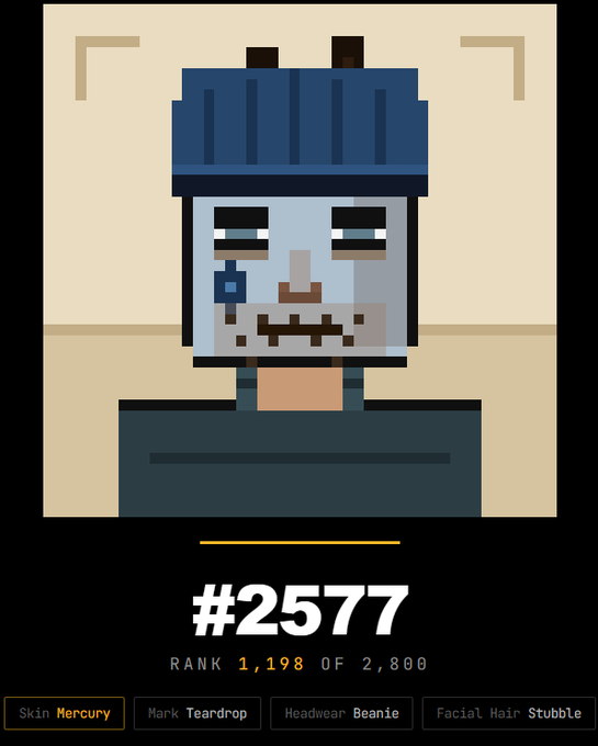 A pixel art avatar card showing a character with a blue beanie and gray stubble, ranked #2577 (1,198 of 2,800) with attributes listed as Skin: Mercury, Mark: Teardrop, Headwear: Beanie, and Facial Hair: Stubble.