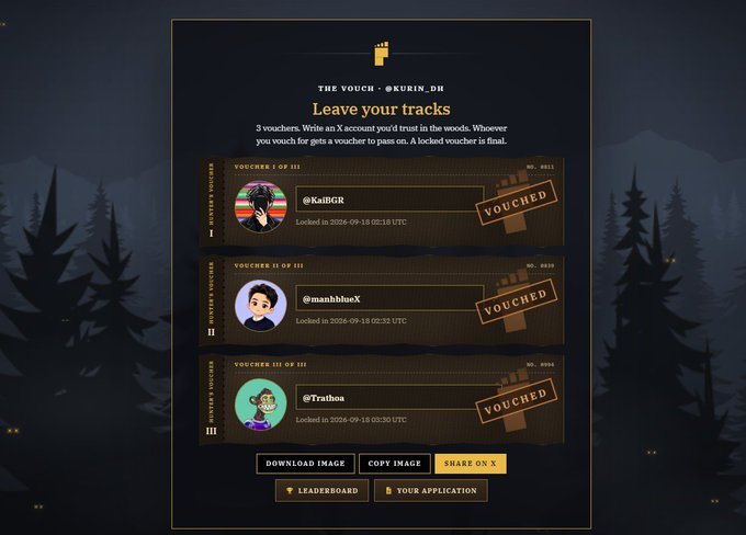 The image shows a vouching dashboard titled "Leave your tracks" displaying three vouchers (I, II, and III of III) for @KaiBGR, @manhblueX, and @Trathoa, all marked as "VOUCHED" and locked in on 2026-09-18, supporting the poster's claim of securing three vouchers for these users in support of @kurin_dh.