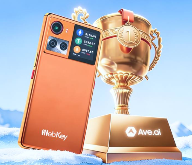 An orange smartphone displaying cryptocurrency prices (Ethereum $156.01, Tether $833.67, Bitcoin $967.56) labeled 'WebKey' stands next to a golden trophy marked '1' and 'Ave.ai'.