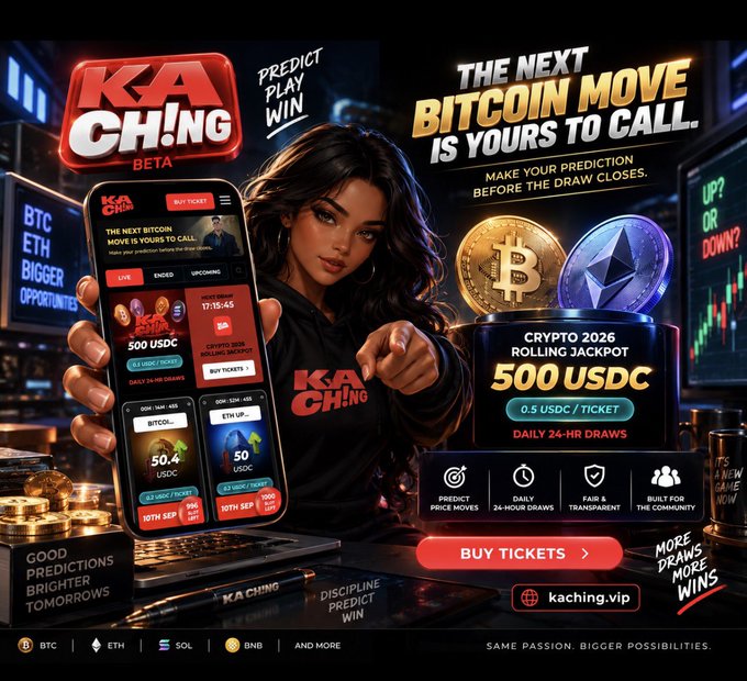 A promotional advertisement for 'KA CHING BETA,' a crypto prediction platform at kaching.vip, featuring a woman holding a smartphone displaying BTC and ETH prediction markets, with a 'Crypto 2026 Rolling Jackpot' of 500 USDC.
