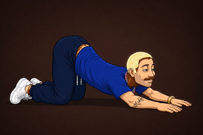 A cartoon illustration depicts a man with blonde curly hair and a mustache crawling on the ground, wearing a blue shirt, dark pants, and white sneakers.