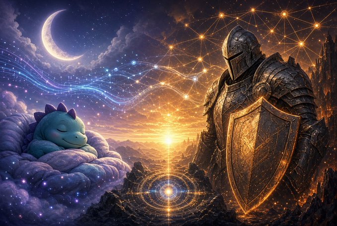 A fantasy digital artwork showing a knight in dark armor holding a shield on the right, standing on rocky terrain under a sunset sky, while a sleeping blue dragon-like creature rests on purple clouds to the left beneath a crescent moon, with glowing star constellations connecting them.