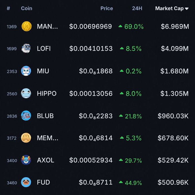 A cryptocurrency market table lists various meme coins with their prices, 24-hour percentage changes, and market caps, showing gains ranging from 0.2% to 69.0% for coins like LOFI, HIPPO, AXOL, and FUD.