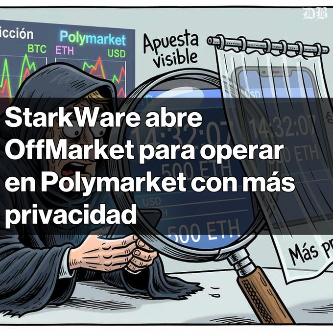 A Spanish-language promotional image with text 'StarkWare abre OffMarket para operar en Polymarket con más privacidad', featuring an illustration of a cloaked figure using a large magnifying glass to examine trading data for BTC, ETH, and USD on the Polymarket platform.