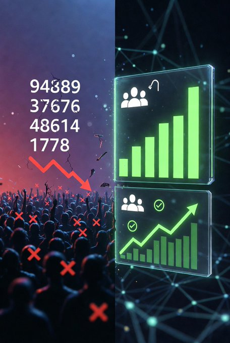 A split graphic contrasts a crowd of people marked with red X's and a downward arrow on the left with rising green bar charts and growth indicators on the right.