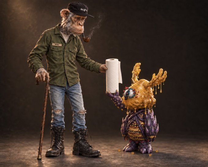 A surreal figurine-style image showing an elderly man with a pipe and walking stick offering a roll of toilet paper to a melting, grotesque creature covered in yellow slime.