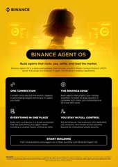The image is a Binance promotional graphic for "Binance Agent OS," featuring a silhouetted figure with highlighted features including "One Connection," "The Binance Edge," "Everything in One Place," and "You Stay in Full Control," with a call-to-action to "Start Building" — visually reinforcing the post's message about consolidating financial tools into a single AI agent platform rather than requiring developers to build separate connections.