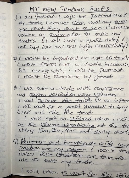 A handwritten page in a notebook titled 'MY NEW TRADING RULES' with numbered points about patience, not forcing trades, waiting for confirmations, and using reversals and breakouts as edges.