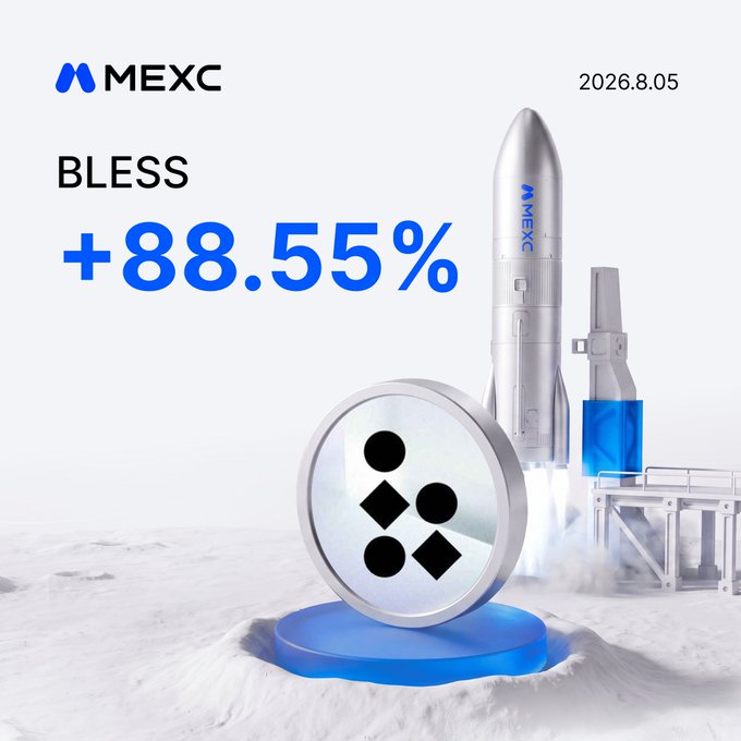 A promotional graphic from MEXC dated 2026.8.05 highlighting the BLESS token's +88.55% surge, featuring a 3D rendering of a silver rocket lifting off alongside a large BLESS coin emblem, visually reinforcing the "pumping" momentum mentioned in the post.