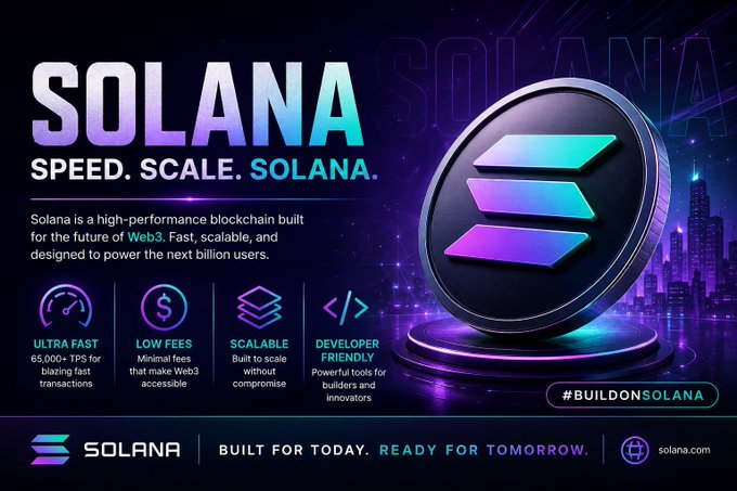 Promotional graphic for Solana cryptocurrency highlighting its speed, scale, and features like ultra fast 65,000+ TPS, low fees, and scalability.
