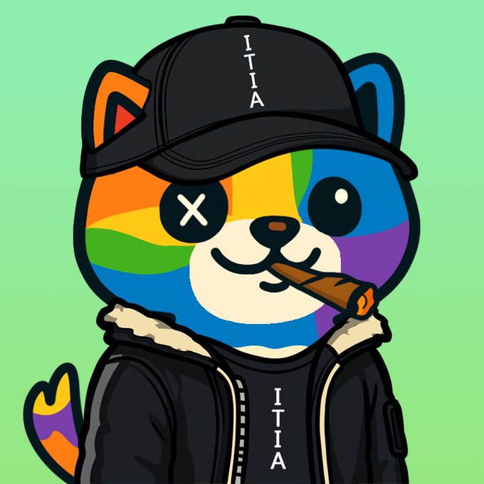 A colorful cartoon illustration of a multicolored bear mascot (with rainbow-patterned fur) wearing a black cap and black jacket, smoking a cigar, with 'ITIA' branding visible on the cap and jacket.