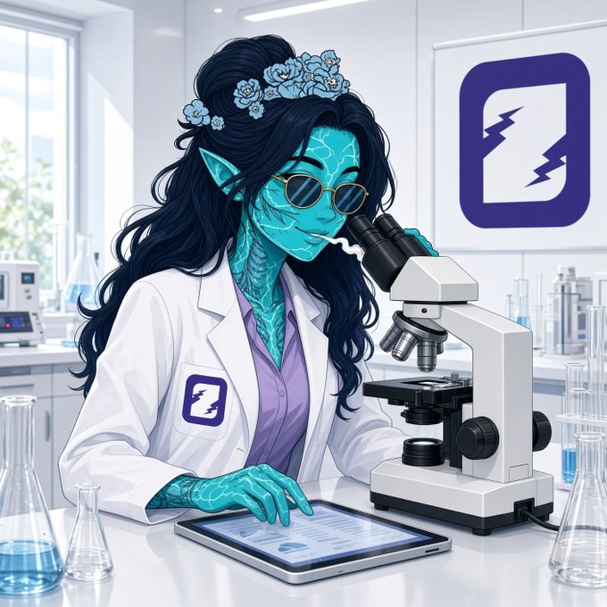 An anime-style illustration of a blue-skinned elf-like scientist with dark hair, sunglasses, and a flower crown, wearing a lab coat and using a microscope in a laboratory setting with the Lab logo on the wall and lab coat.