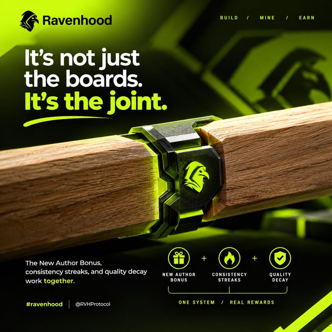 A promotional graphic for "Ravenhood" features a glowing green and black mechanical joint connecting two pieces of wood, with the text "It's not just the boards. It's the joint." and "BUILD / MINE / EARN" visible.