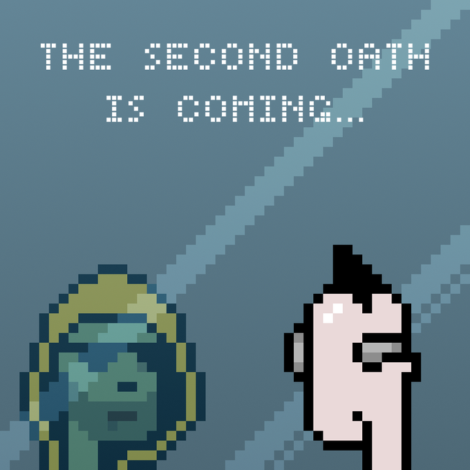 A pixel art image featuring two characters—one with green hair/gear and one white—with the text 'THE SECOND OATH IS COMING...' at the top.