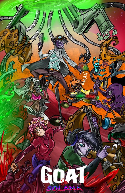 The image is a vibrant, chaotic digital illustration featuring a central figure in a lab coat surrounded by a chaotic array of colorful characters, including a scientist, a vampire-like figure, and various fantastical creatures, with a large green gun in the background. The text "GOAT on SOLANA" is displayed at the bottom, tying the artwork to the creator's promotional post about their hand-drawn NFT project, "Goats of Solana."