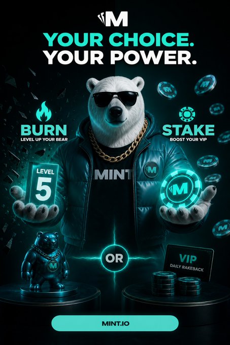 A promotional graphic for Mint.io featuring an anthropomorphic bear mascot wearing sunglasses and a gold chain, with options to "BURN" (Level Up Your Bear) or "STAKE" (Boost Your VIP).