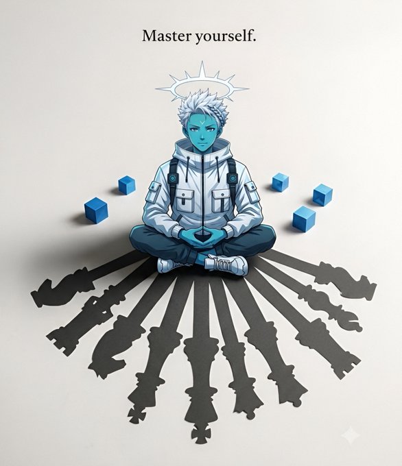 An illustration of an anime-style character with white hair sitting in a meditation pose, surrounded by blue cubes and casting a shadow shaped like multiple chess pieces, with the text 'Master yourself.' at the top.