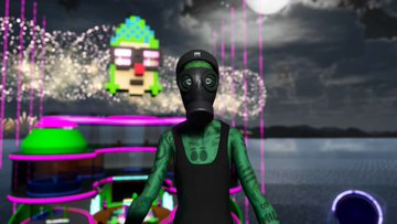 A 3D avatar character wearing a black mask and green outfit standing in front of a nighttime scene with a pixel-art character and fireworks.